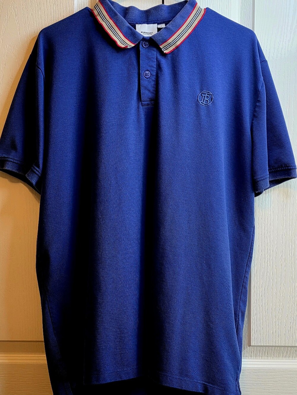 Burberry Men's XL Royal Blue Polo with Red-Trim Contrast Collar And "TB" Logo